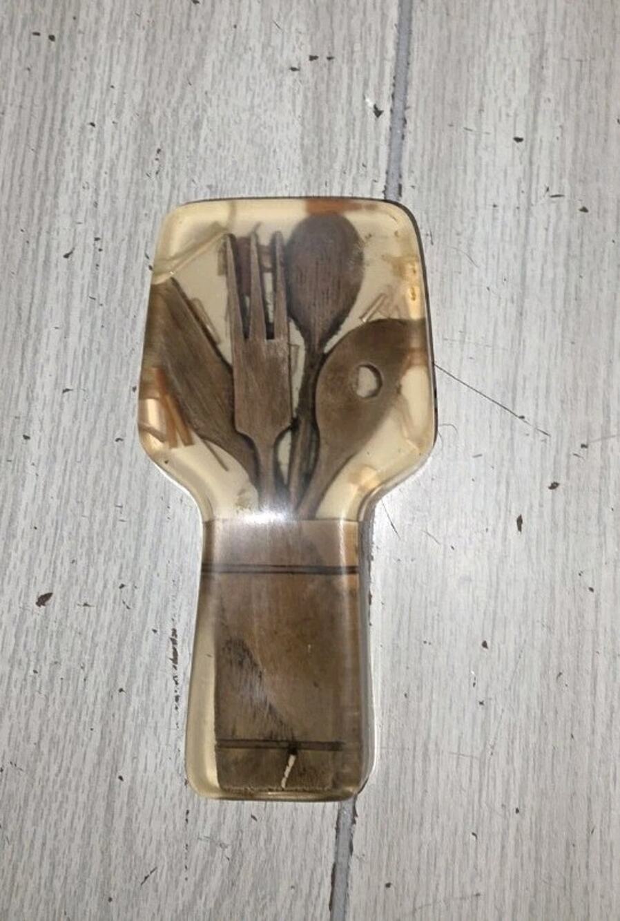 Vintage 1970s Retro MCM Acrylic Lucite Spoon Rest W/Wooden Spoon Fork Design